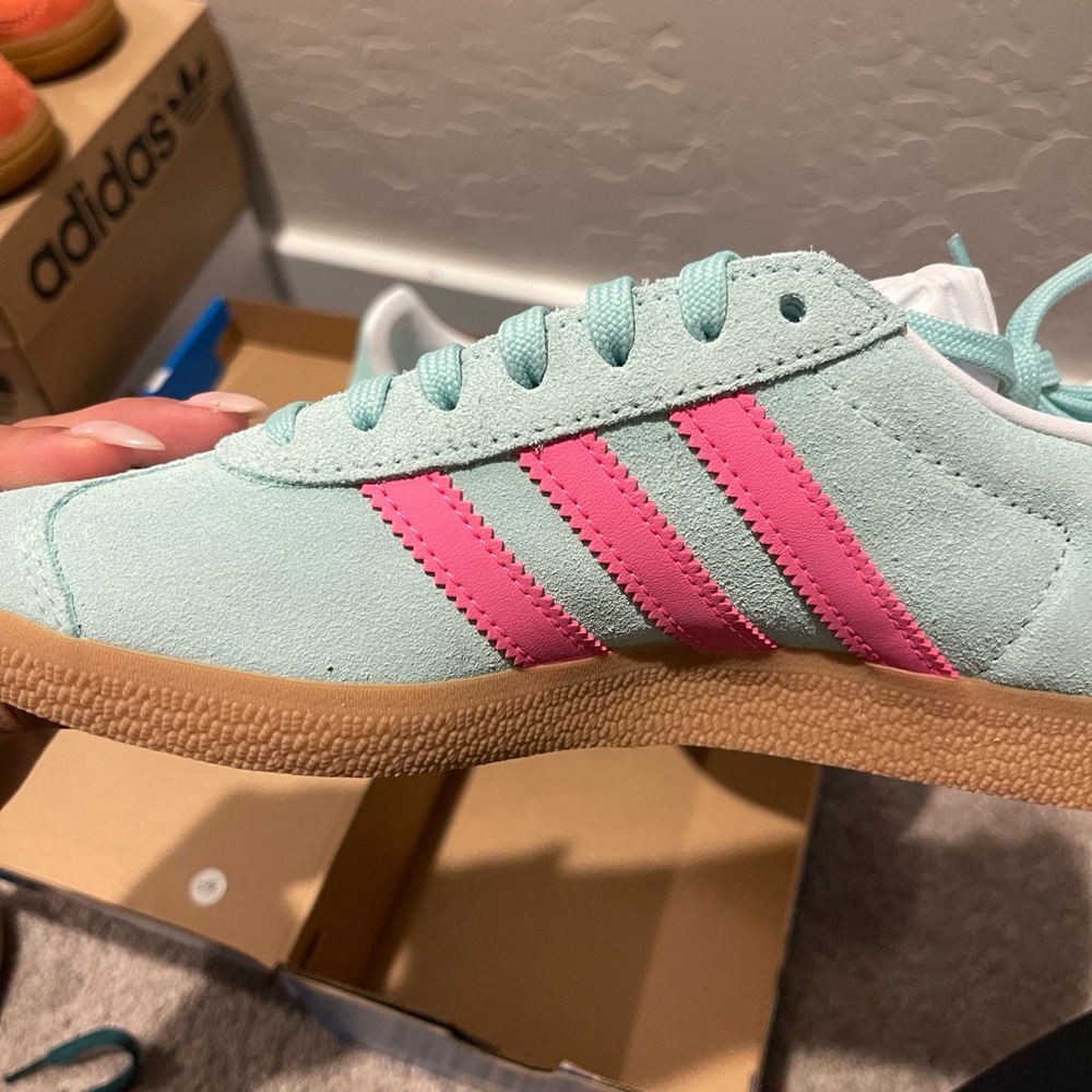 adidas Mint Suede Sneakers with Pink Stripes